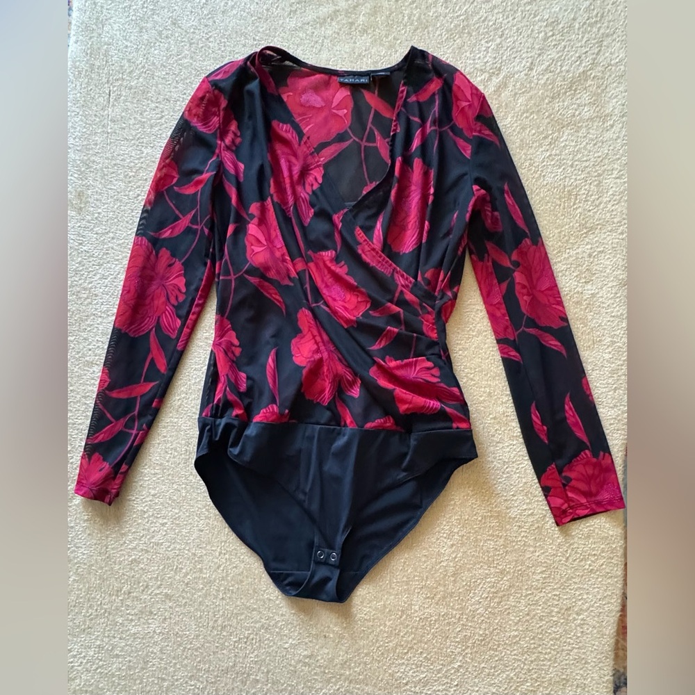 Tahari Black and Red Floral Bodysuit